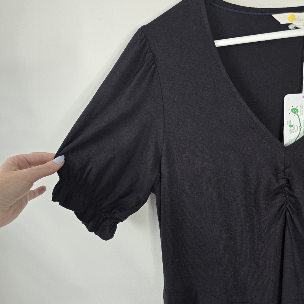 NWT Boden Black V Neck Jersey Mini Dress 8R Ruffle Sleeves Gathered Front - Picture 4 of 12